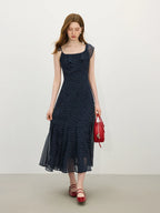 Navy Chiffon Ruffled Dress